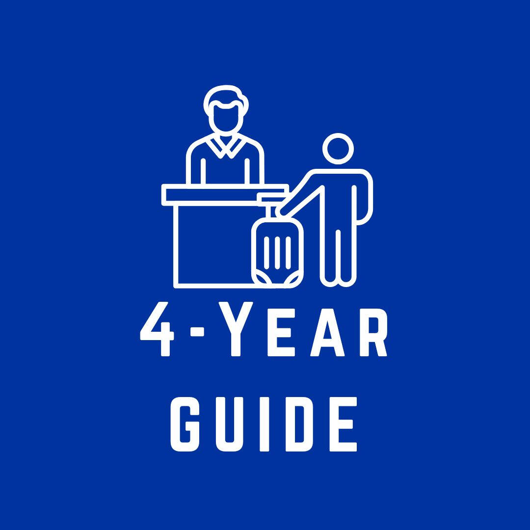 blue logo for hospitality and tourism management major, image is a drawing of person behind podium, another person standing with suitcase, above text that reads "four year guide"